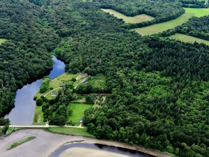 Forêts et ruines de l'abbaye en bordure d'une rivière