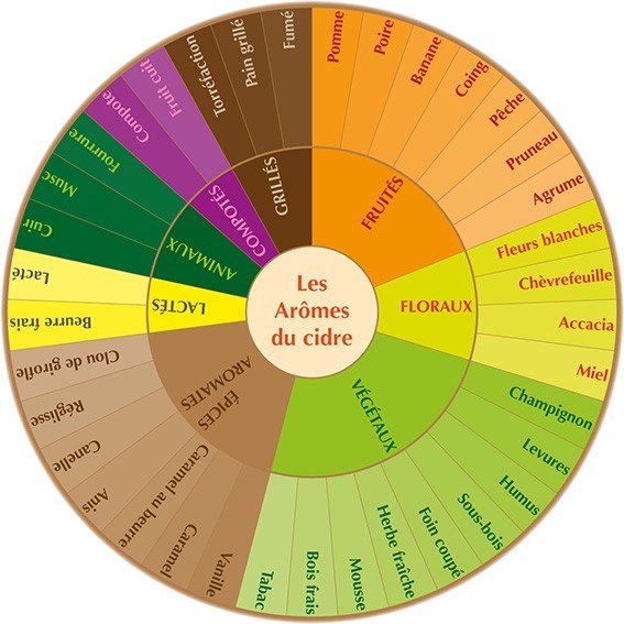 Roue des arômes pour les cidres, elle aide à décrire les arômes ressentis lors de la dégustation de cidres.